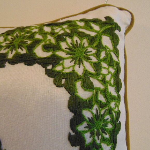 Vintage Ivory Pillow with Green Floral Embroidery, Handmade, 16 in x 14.5 in - Picture 4 of 8